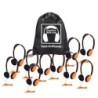 HamiltonBuhl® Sack-O-Phones, 10 Personal Headphones in a Carry Bag, Orange