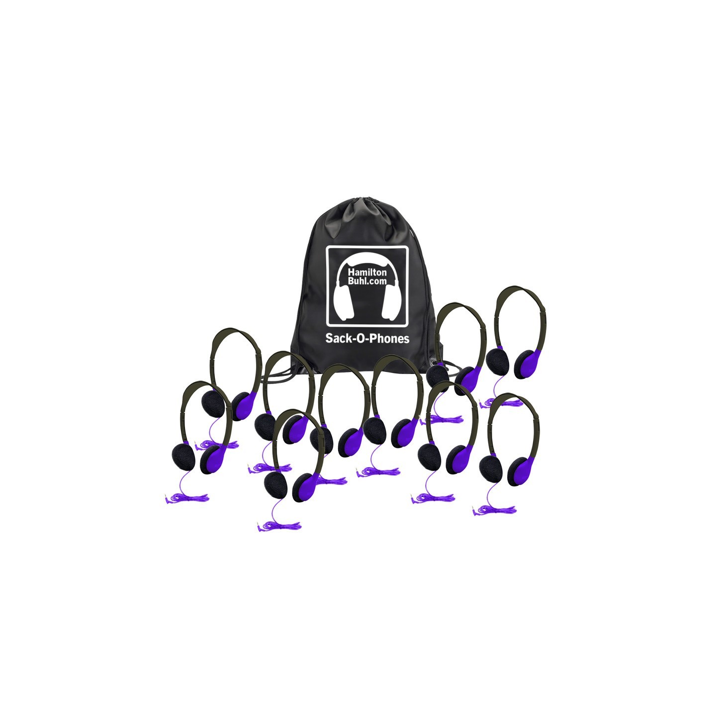 HamiltonBuhl® Sack-O-Phones, 10 Personal Headphones in a Carry Bag, Purple