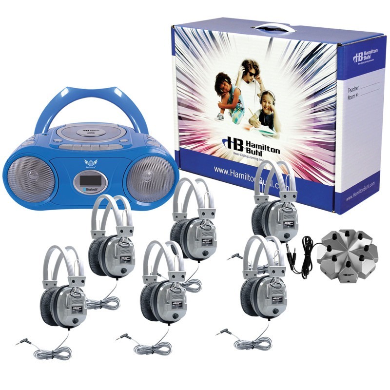 HamiltonBuhl® 6 Person Listening Center with Bluetooth CD/Cassette/FM Boombox and Deluxe Over-Ear Headphones