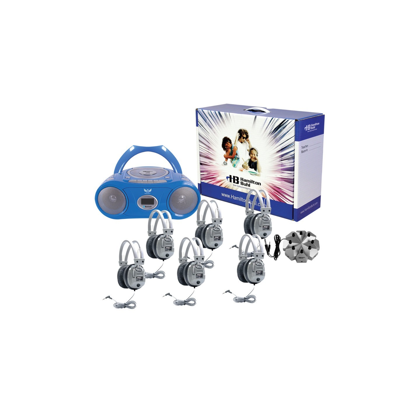 HamiltonBuhl® 6 Person Listening Center with Bluetooth CD/Cassette/FM Boombox and Deluxe Over-Ear Headphones