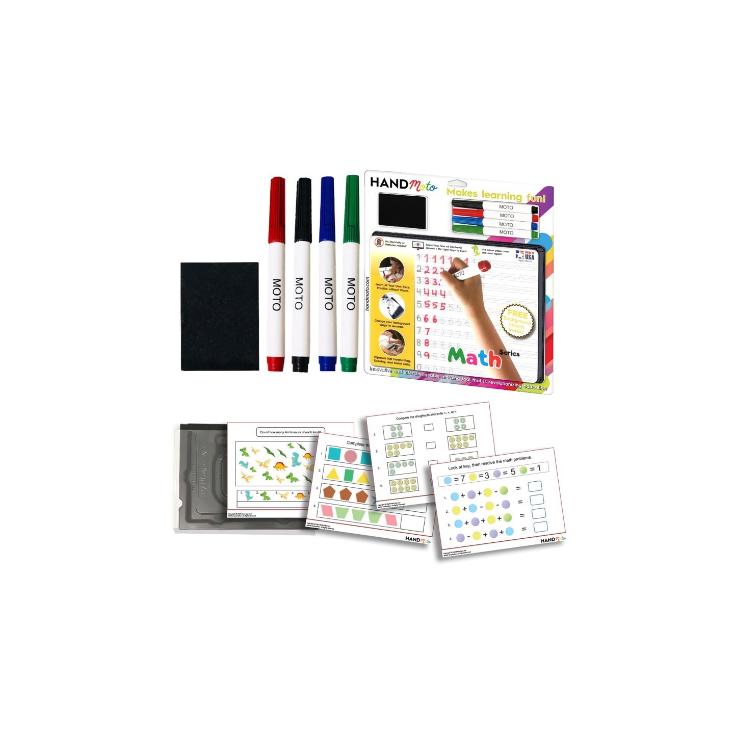 HandMoto® Dry-Erase Learning Board, 4 Markers, 10 Activity Sheets - Math Series