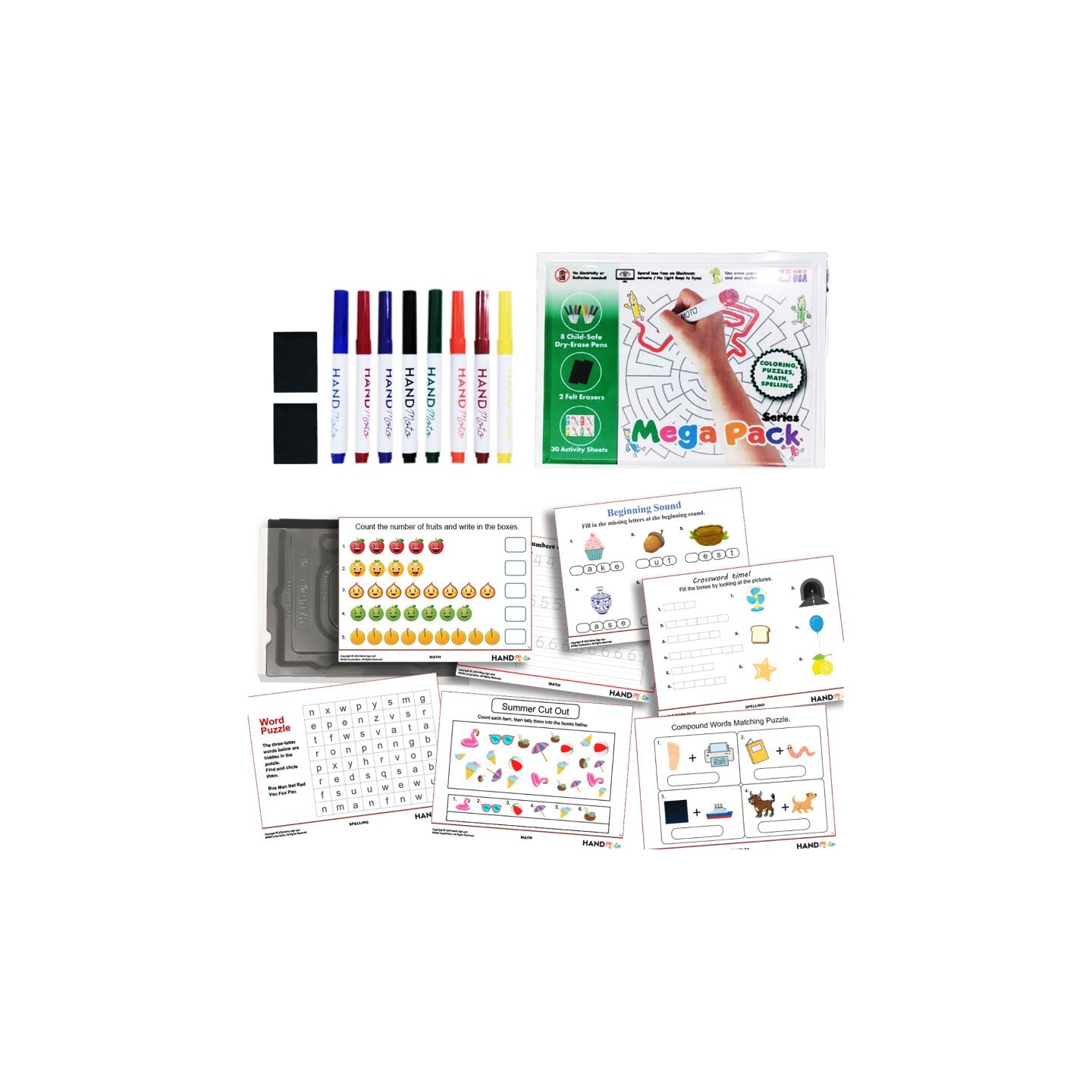 HandMoto® Dry-Erase Learning Board, 8 Markers, 30 Activity Sheets - MegaPack Series