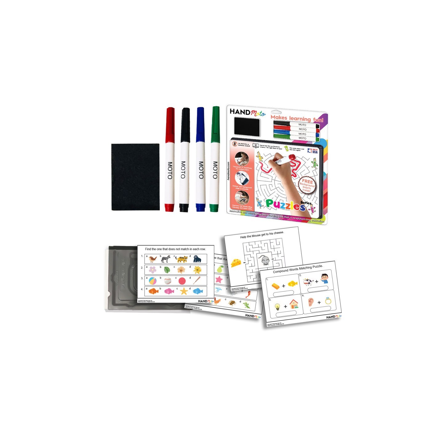 HandMoto® Dry-Erase Learning Board, 4 Markers, 10 Activity Sheets - Puzzles Series