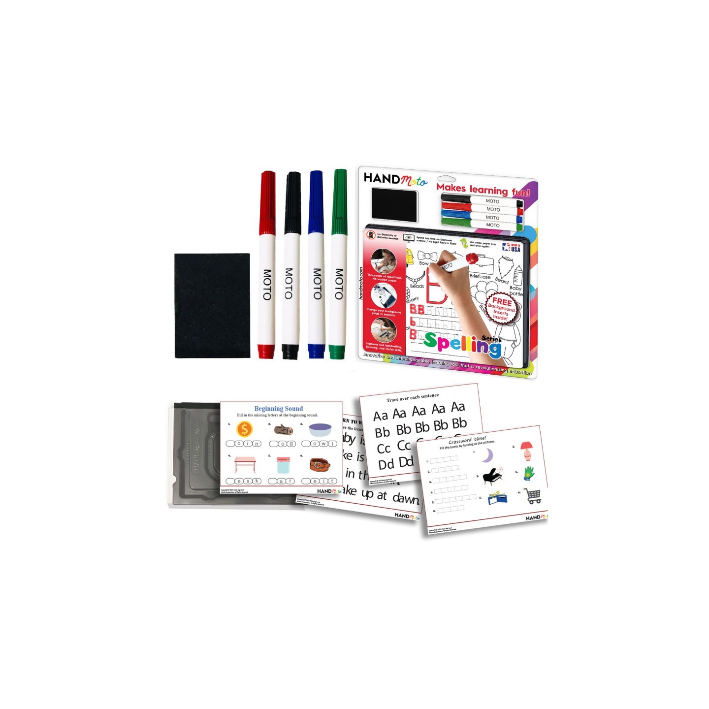 HandMoto® Dry-Erase Learning Board, 4 Markers, 10 Activity Sheets - Spelling Series