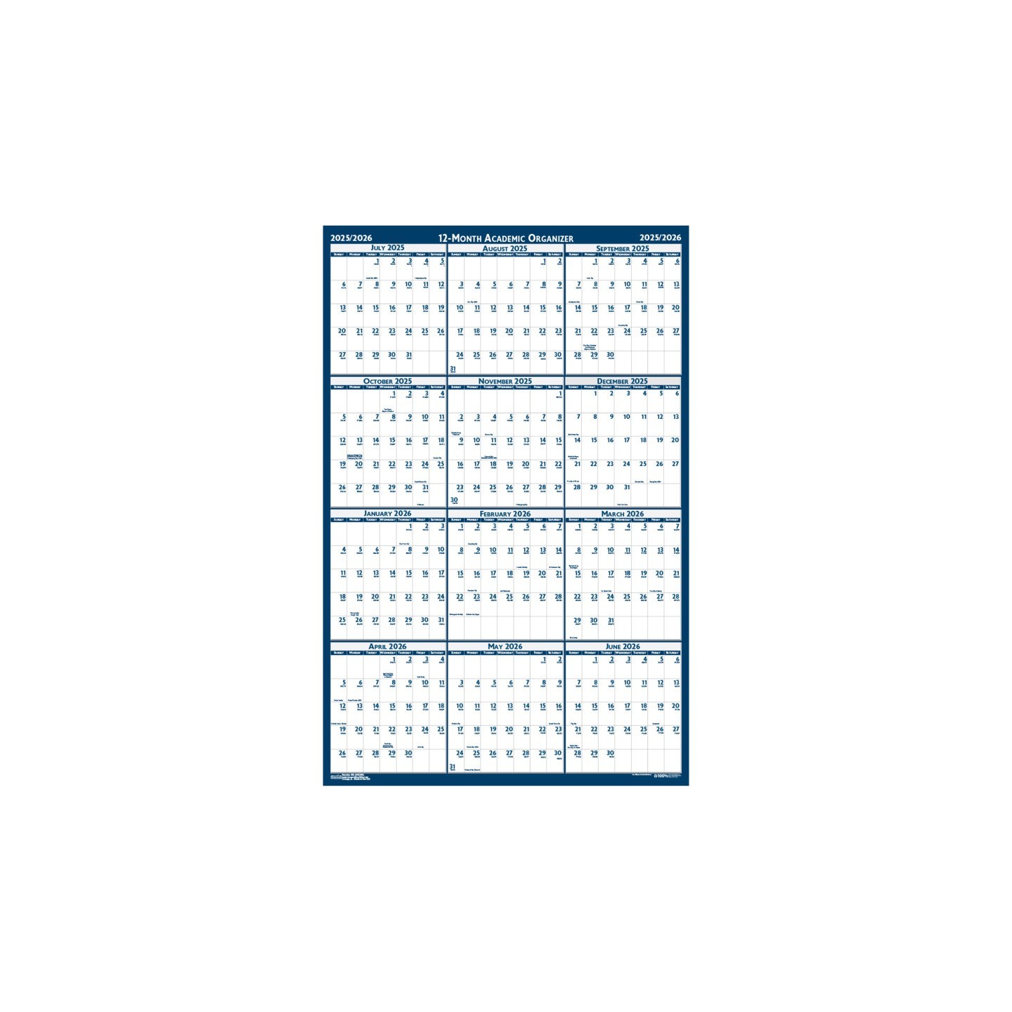 House of Doolittle® Laminated Wipe Off Wall Academic Calendar, Reversible, 18" x 24"