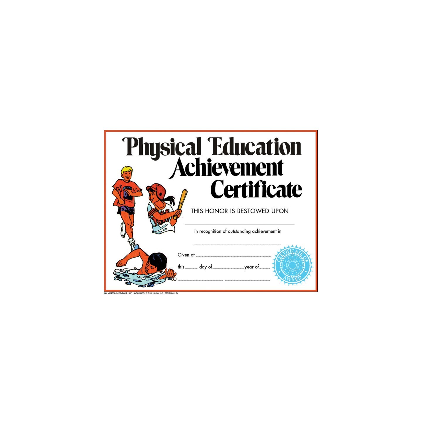 Hayes Publishing Physical Education Achievement Certificate, Pack of 30, 8.5" x 11"