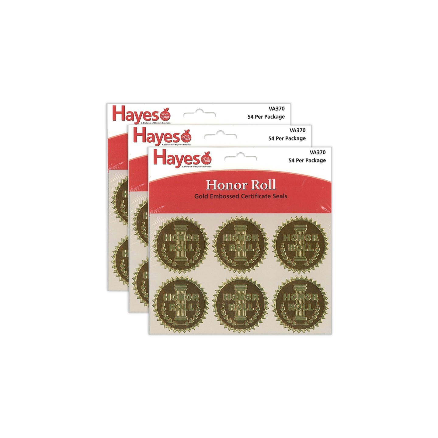 Hayes Publishing Gold Foil Embossed Seals, Honor Roll, 54 Per Pack, 3 Packs