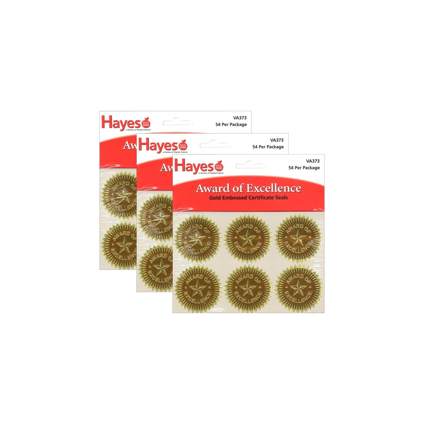 Hayes Publishing Gold Foil Embossed, Award of Excellence, Certificate Seals, 54 Seals Per Pack, 3 Packs