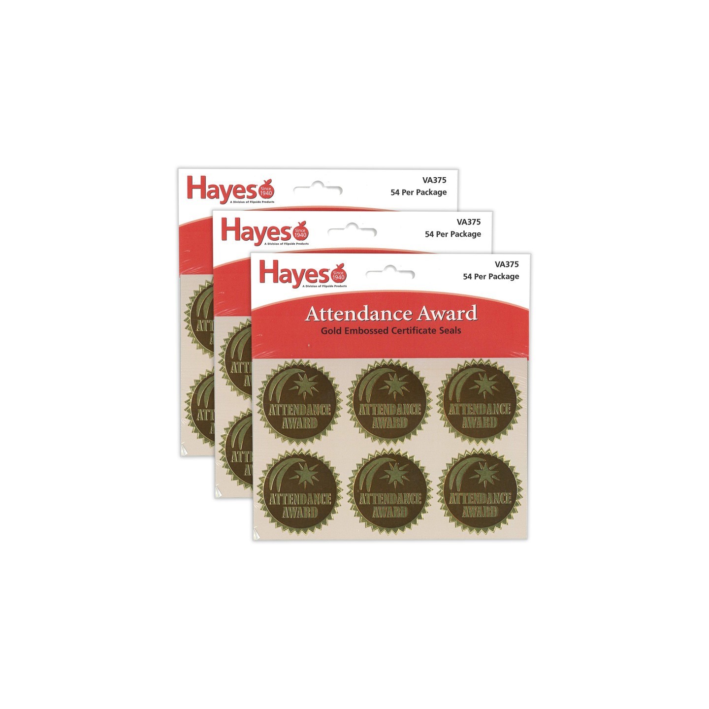 Hayes Publishing Gold Foil Embossed Seals, Attendance Award, 54 Per Pack, 3 Packs