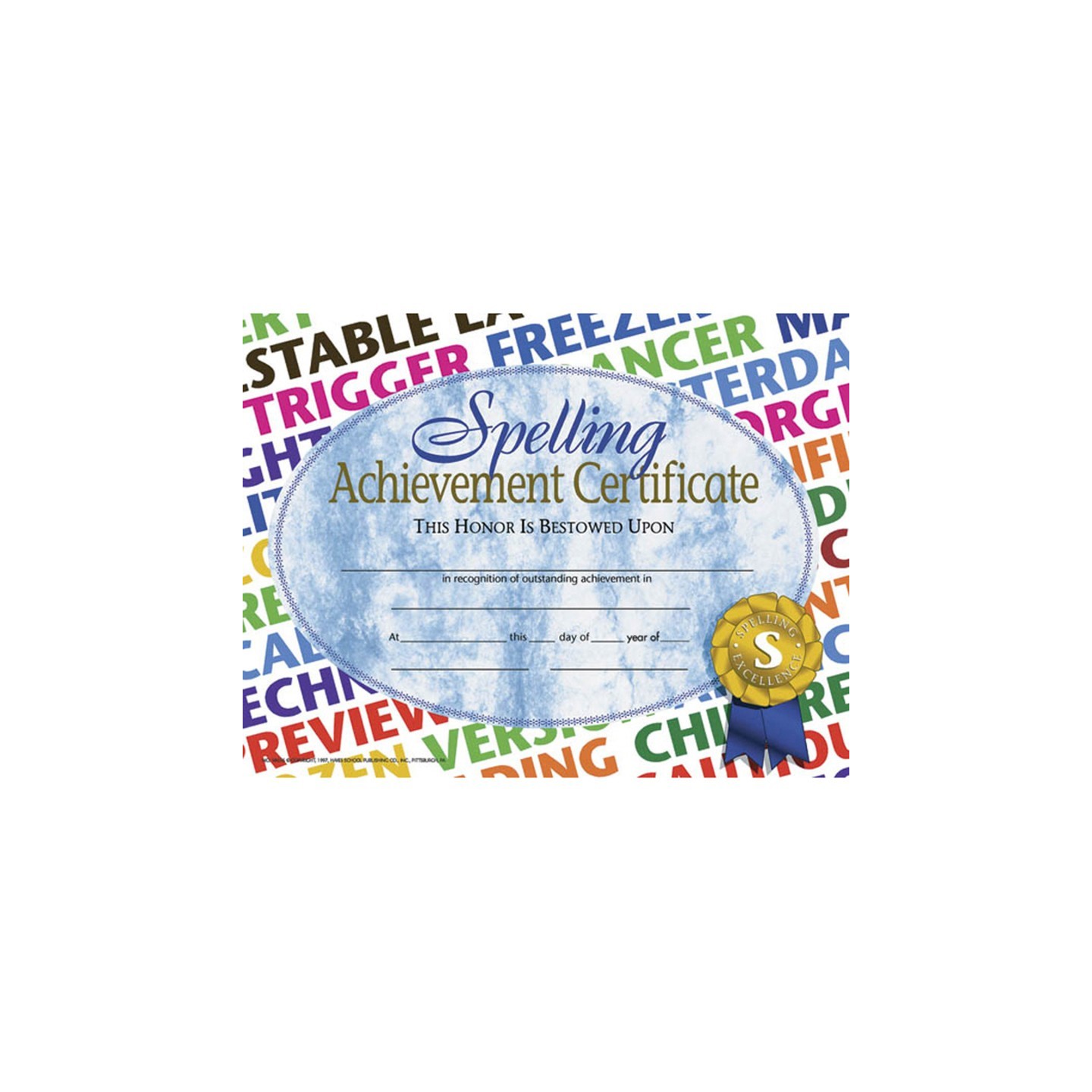 Hayes Publishing Spelling Achievement Certificate, 8.5" x 11", Pack of 30