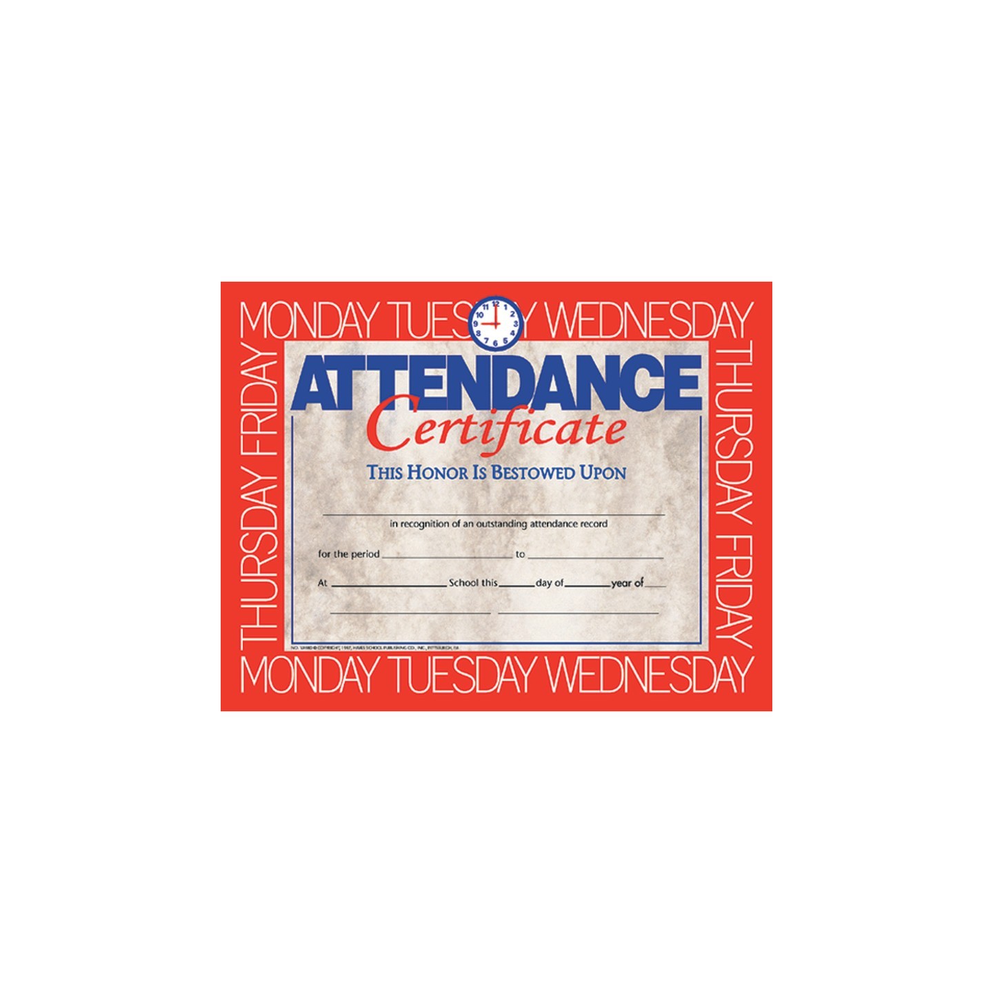 Hayes Publishing Attendance Certificate, 8.5" x 11", Pack of 30