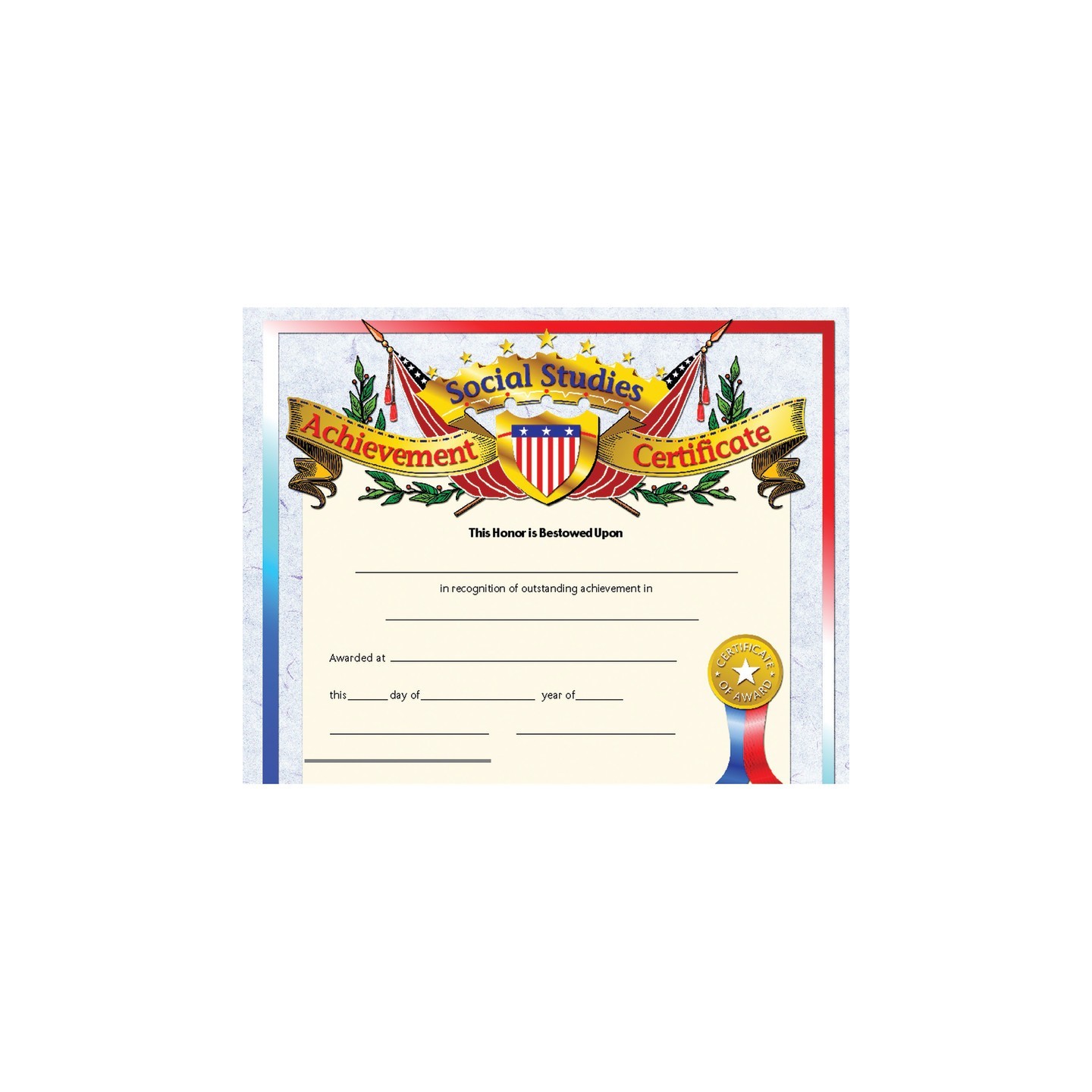 Hayes Publishing Social Studies Achievement Certificate, 8.5" x 11", Pack of 30
