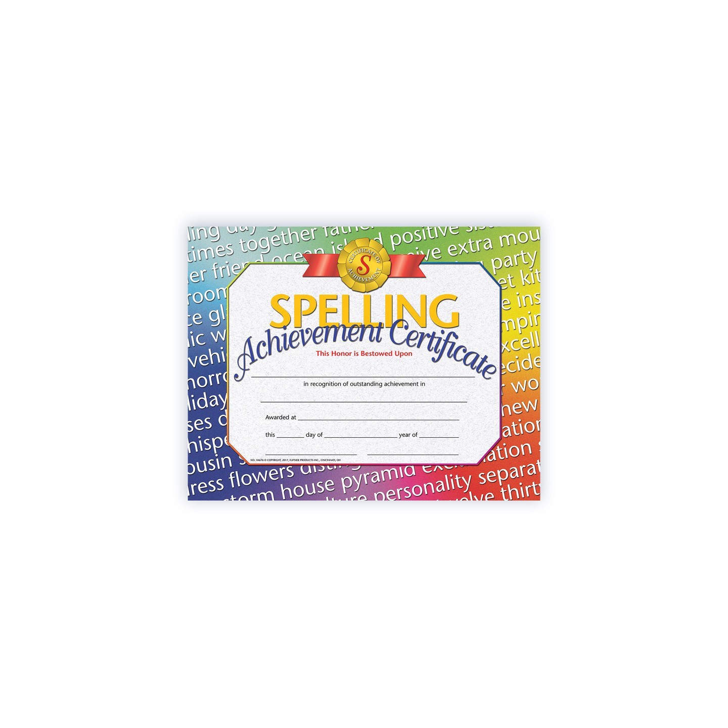 Hayes Publishing Spelling Achievement Certificate, 8.5" x 11", Pack of 30