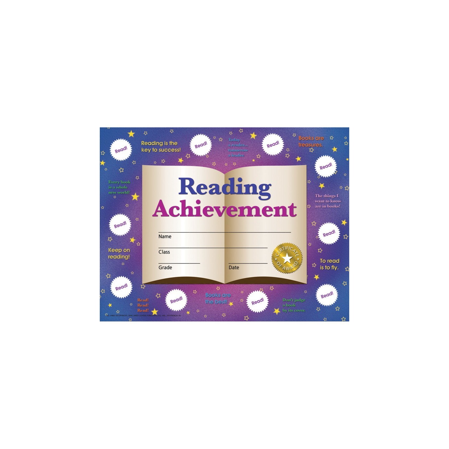 Hayes Publishing Reading Achievement Certificates and Reward Seals, 8.5" x 11", 30 Certificates