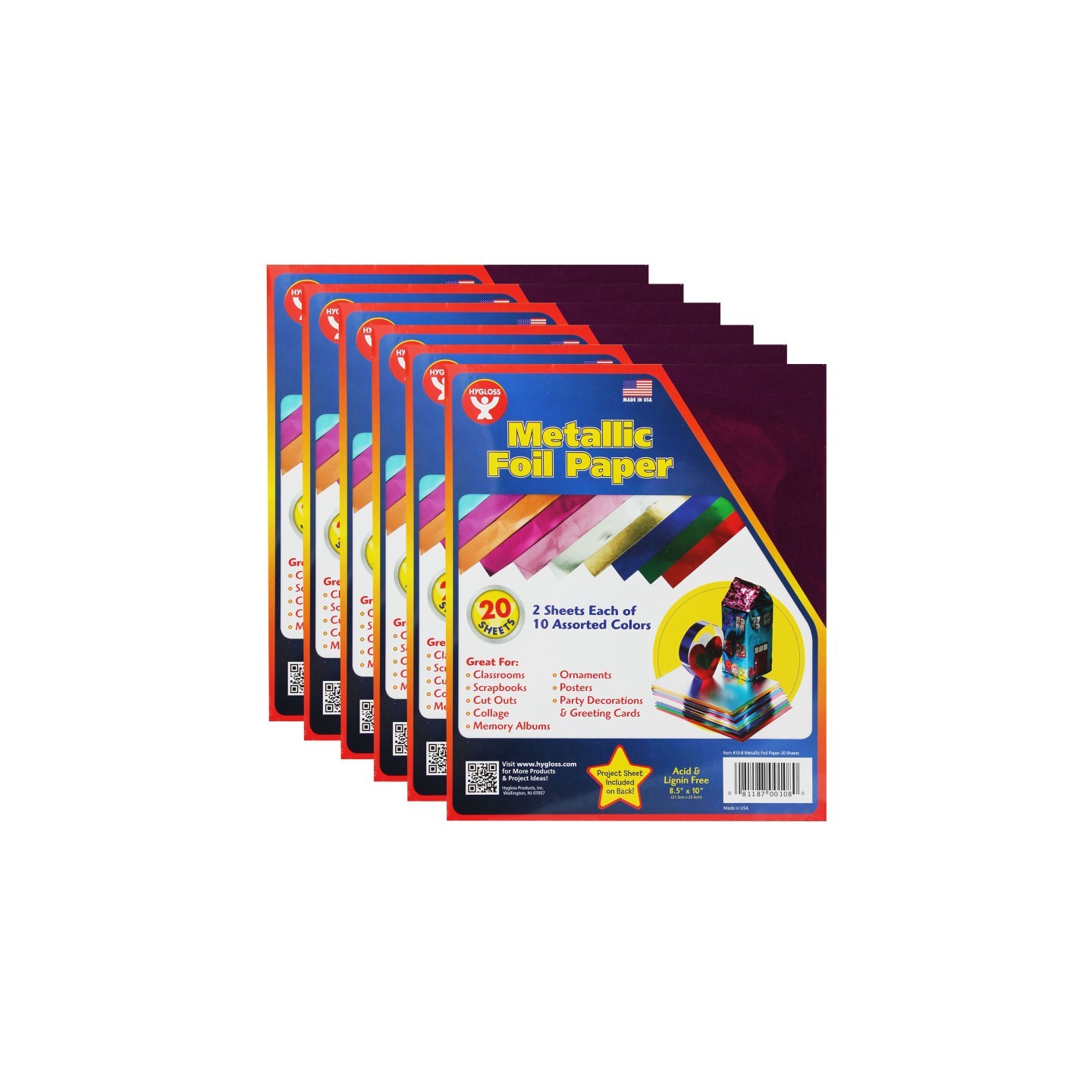 Hygloss® Metallic Foil Paper Sheets, 8.5" x 10", Assorted Colors, 20 Per Pack, 6 Packs