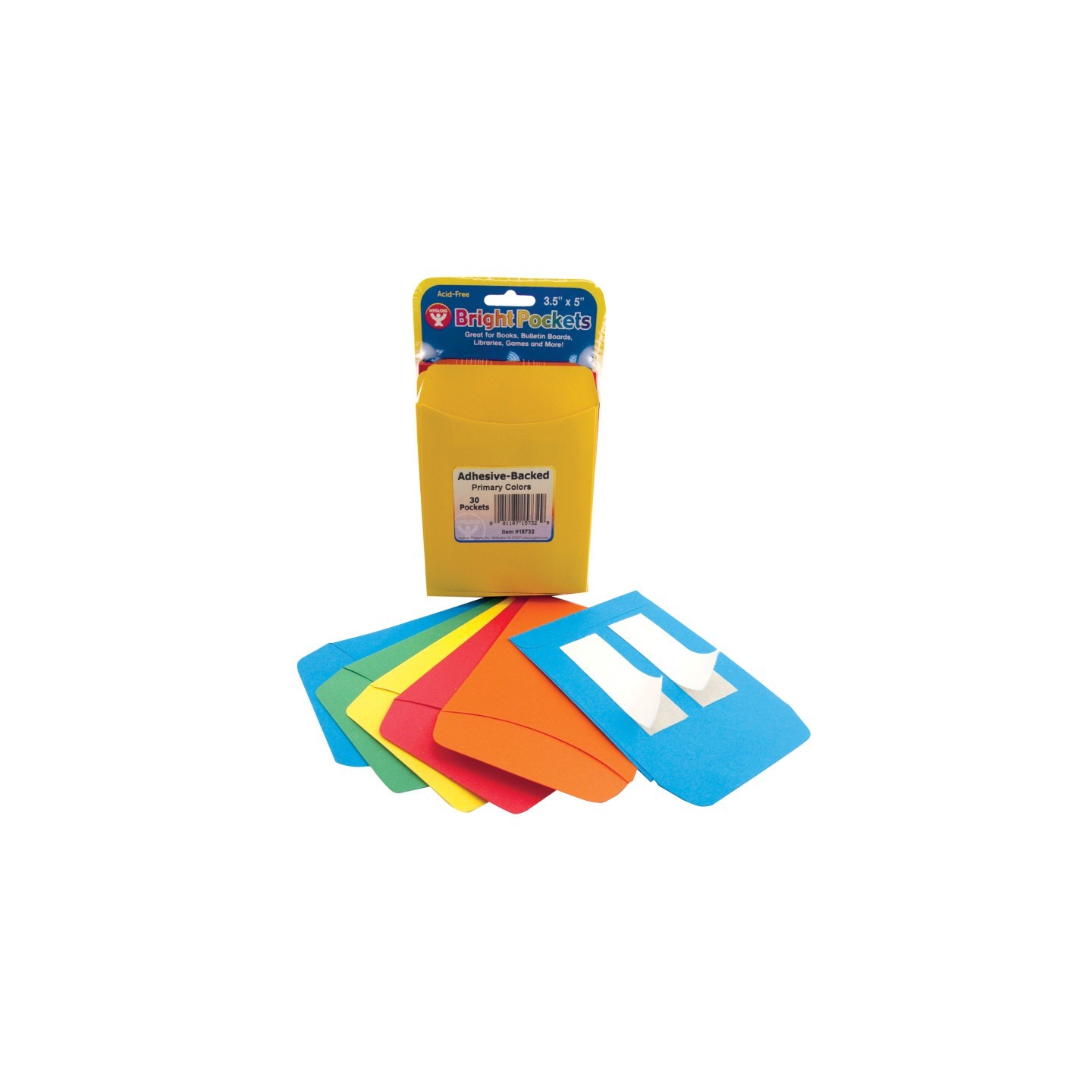 Hygloss® Self Adhesive Library Pockets, 3.5" x 4.875", 6 Each of 5 Colors, Pack of 30