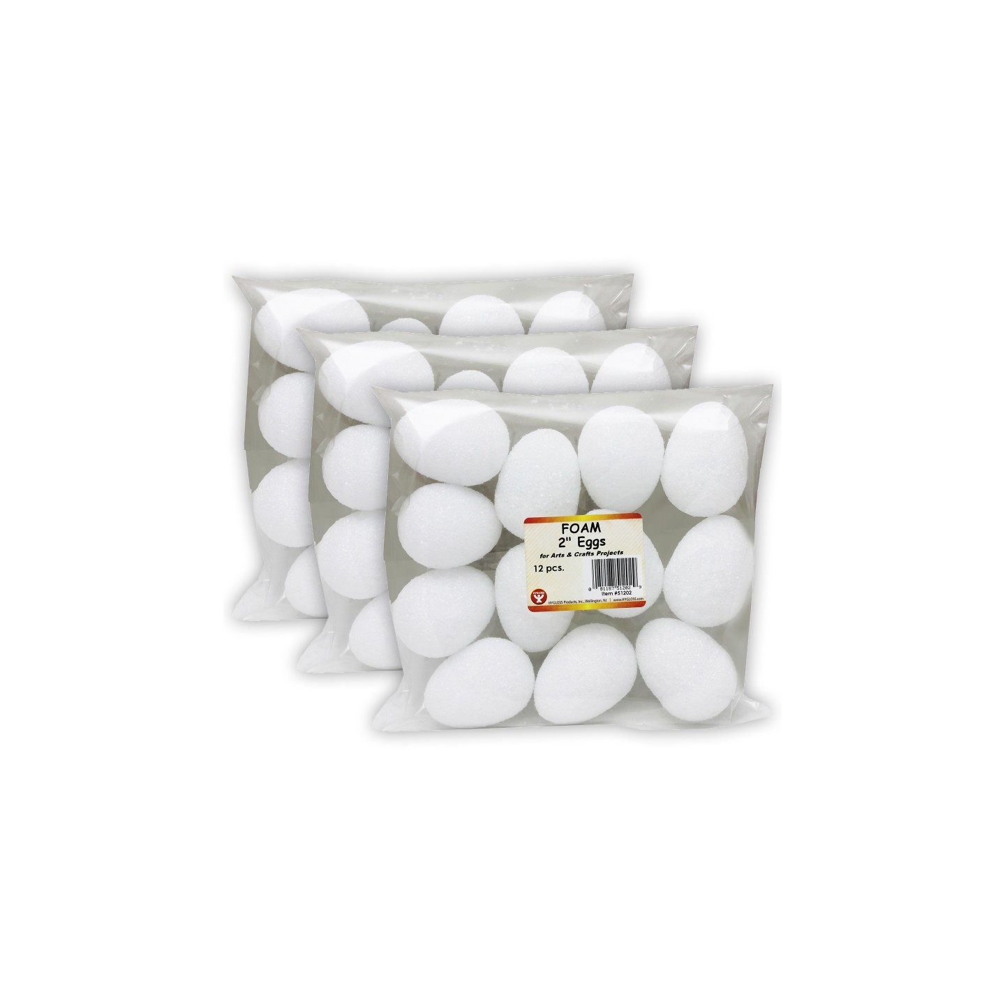 Hygloss® Craft Foam Eggs, 2 Inch, White, 12 Per Pack, 3 Packs