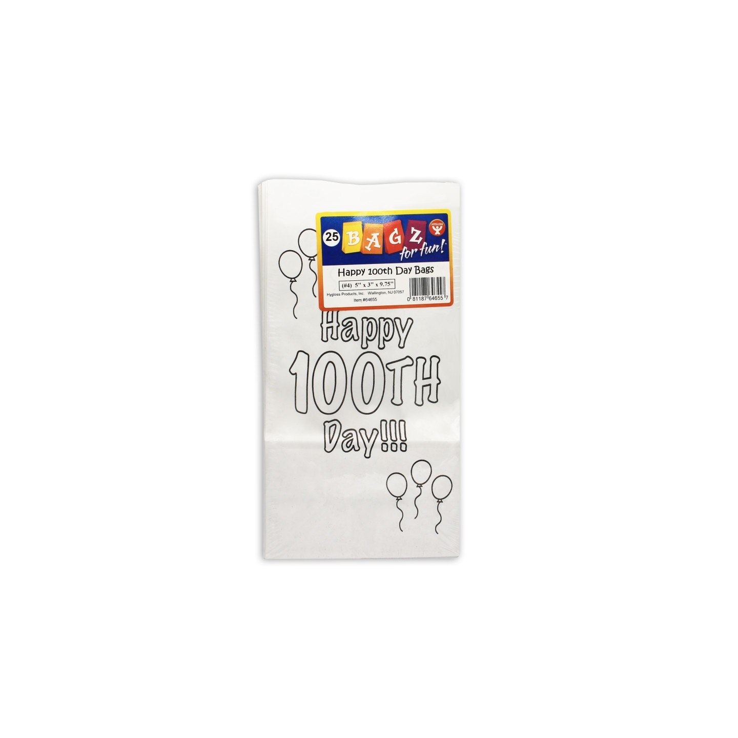 Hygloss® Happy 100th Day Paper Bags, 5" x 3" x 9.75", Pack of 25