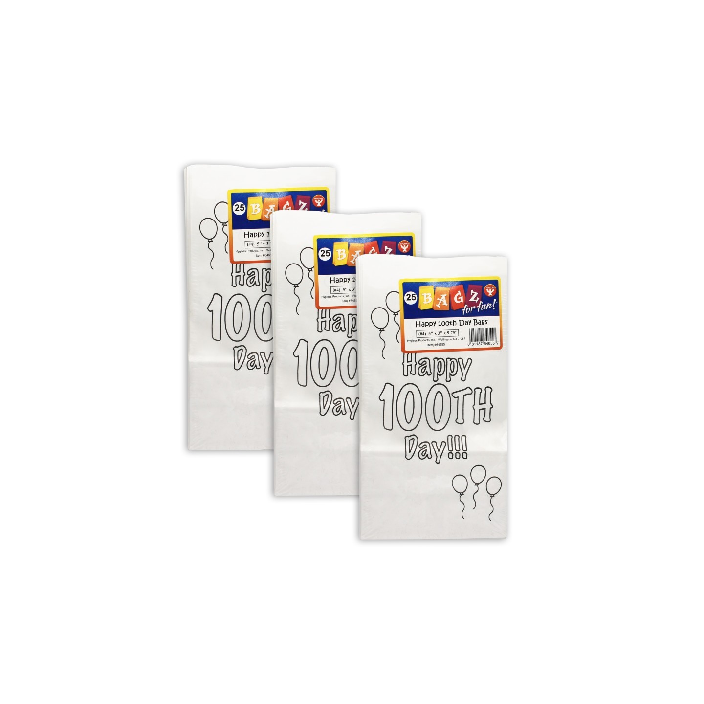 Hygloss® Happy 100th Day Paper Bags, 25 Per Pack, 3 Packs