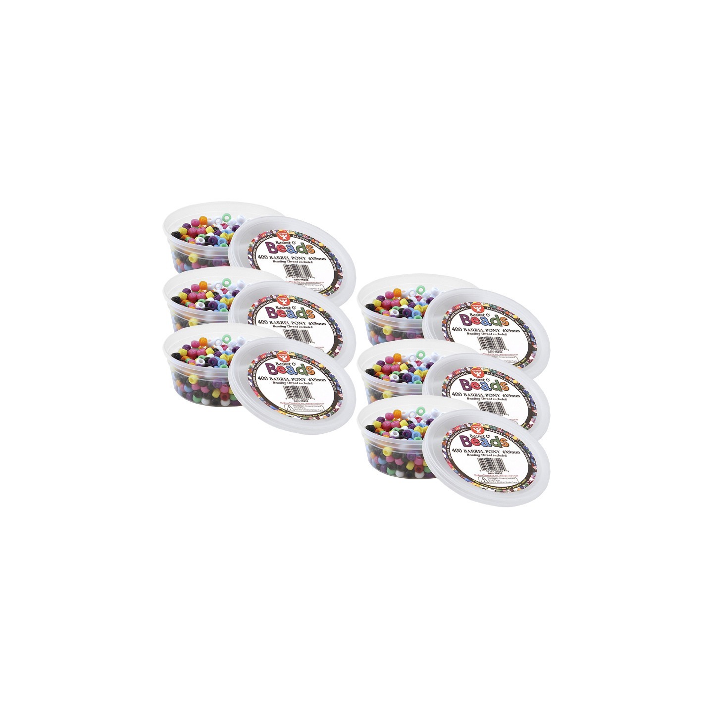 Hygloss® Bucket O’ Beads, Barrel Pony, 6 x 9 mm, 400 Per Pack, 6 Packs