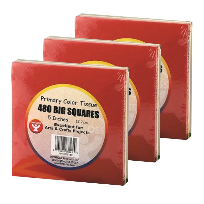 Hygloss® Tissue Paper Squares, 5", Primary Colors, 480 Per Pack, 3 Packs