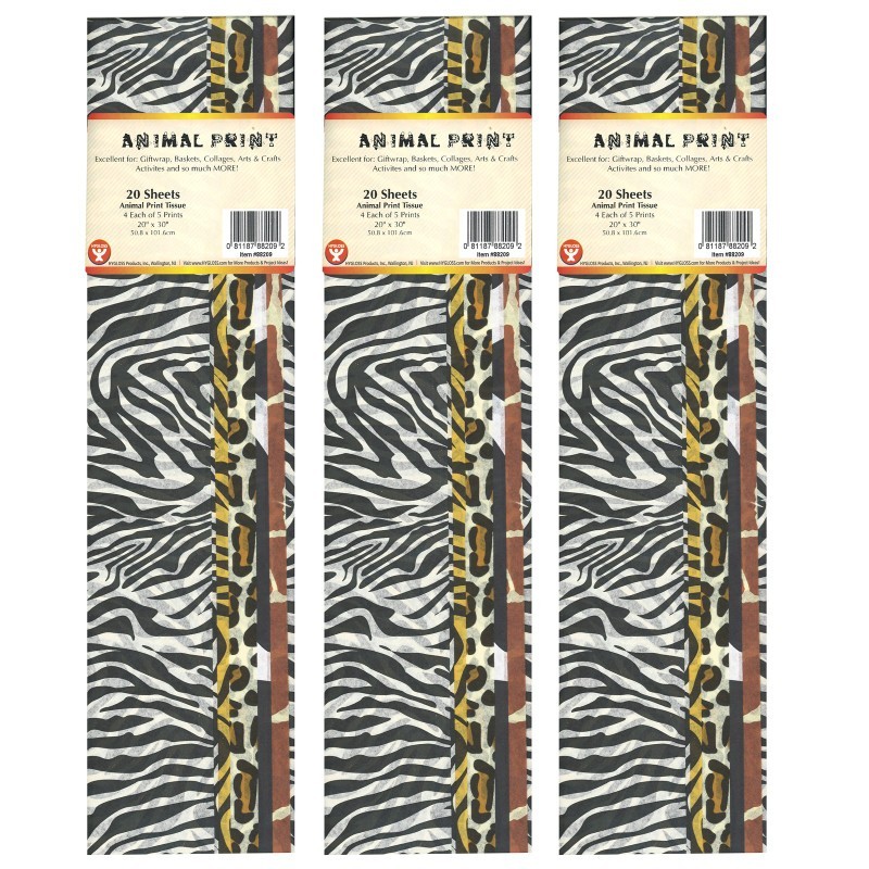 Hygloss® Tissue Paper, Animal Print Assortment, 20" x 30", 20 Sheets Per Pack, 3 Packs
