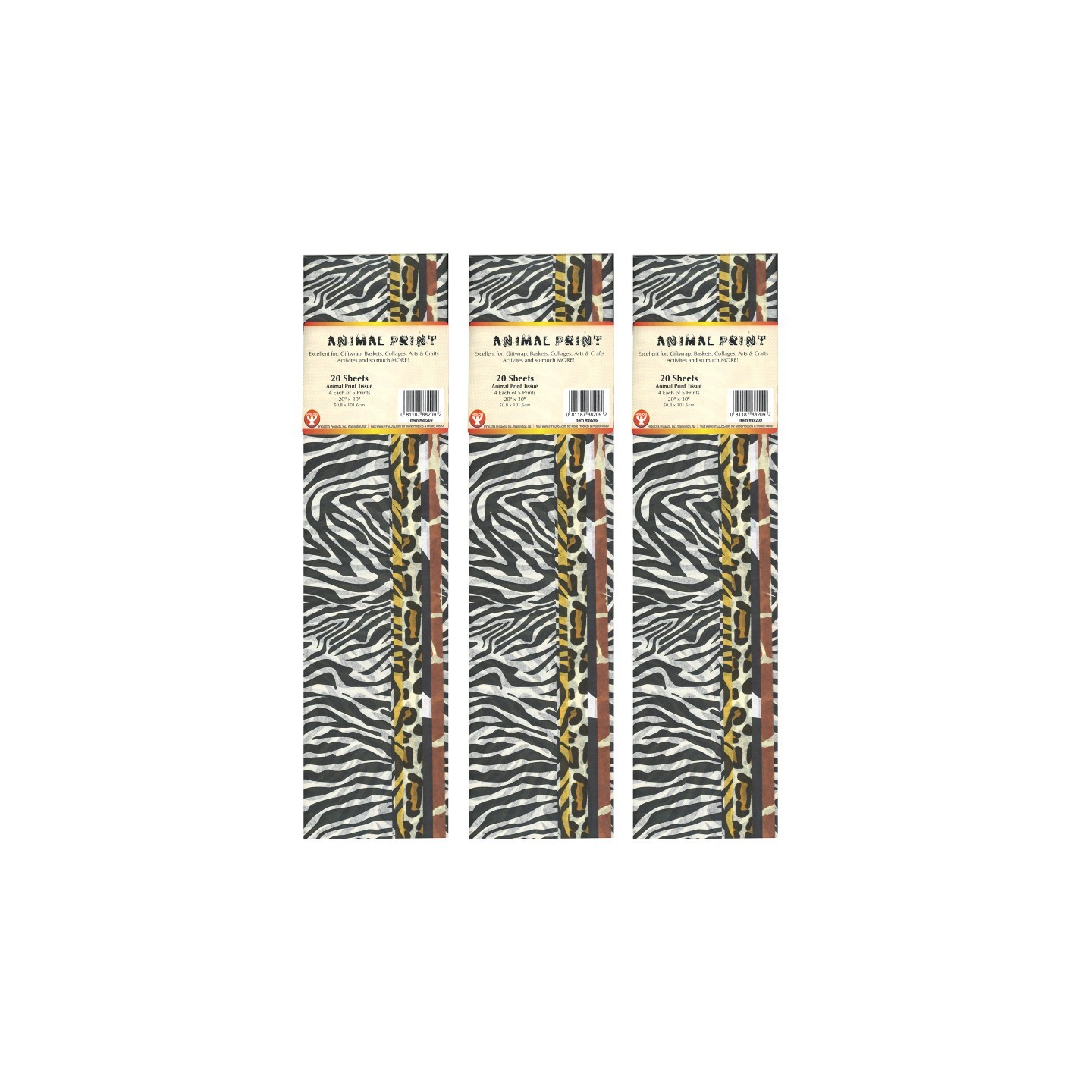 Hygloss® Tissue Paper, Animal Print Assortment, 20" x 30", 20 Sheets Per Pack, 3 Packs