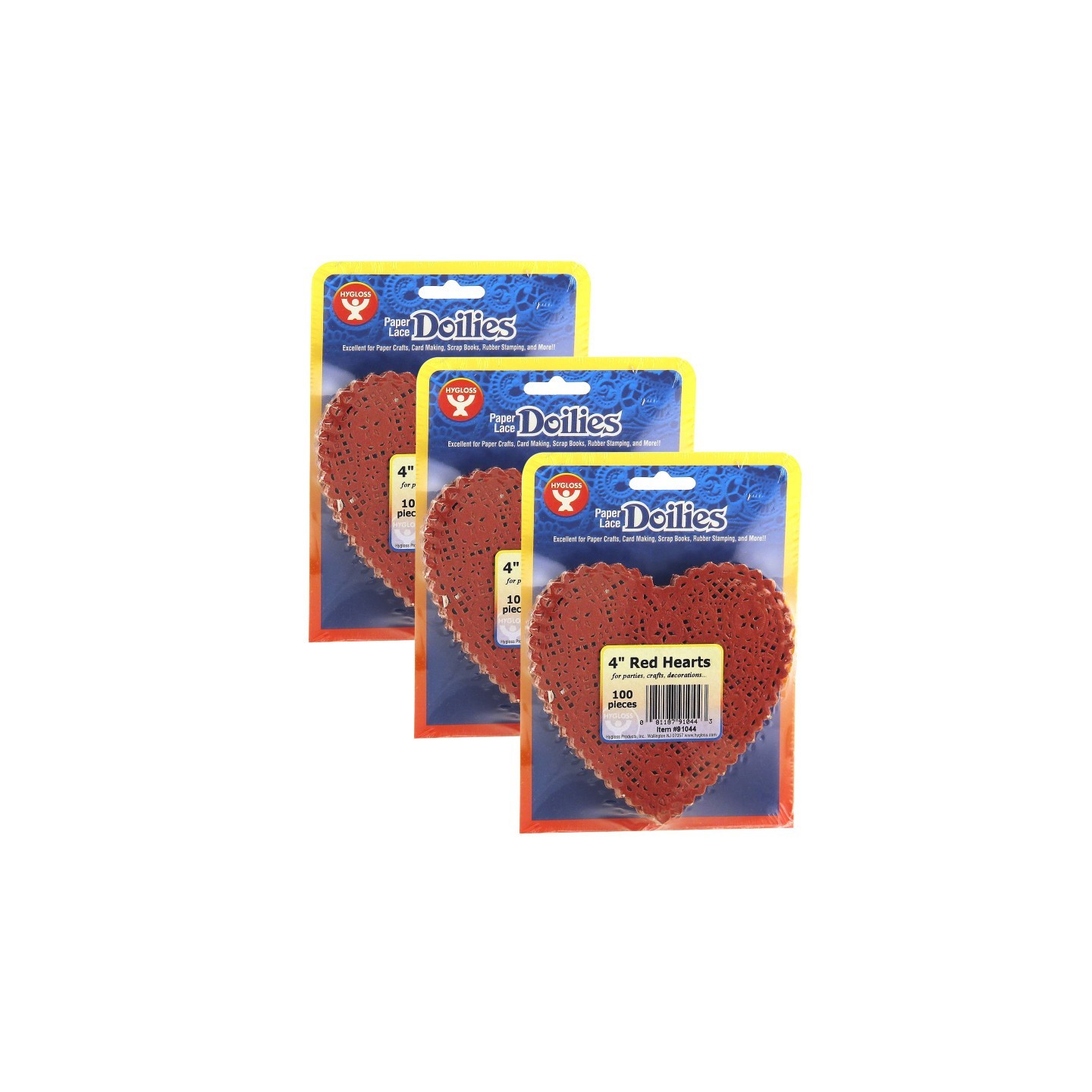 Hygloss® Heart Doilies, Red, 4", 100 Per Pack, 3 Packs