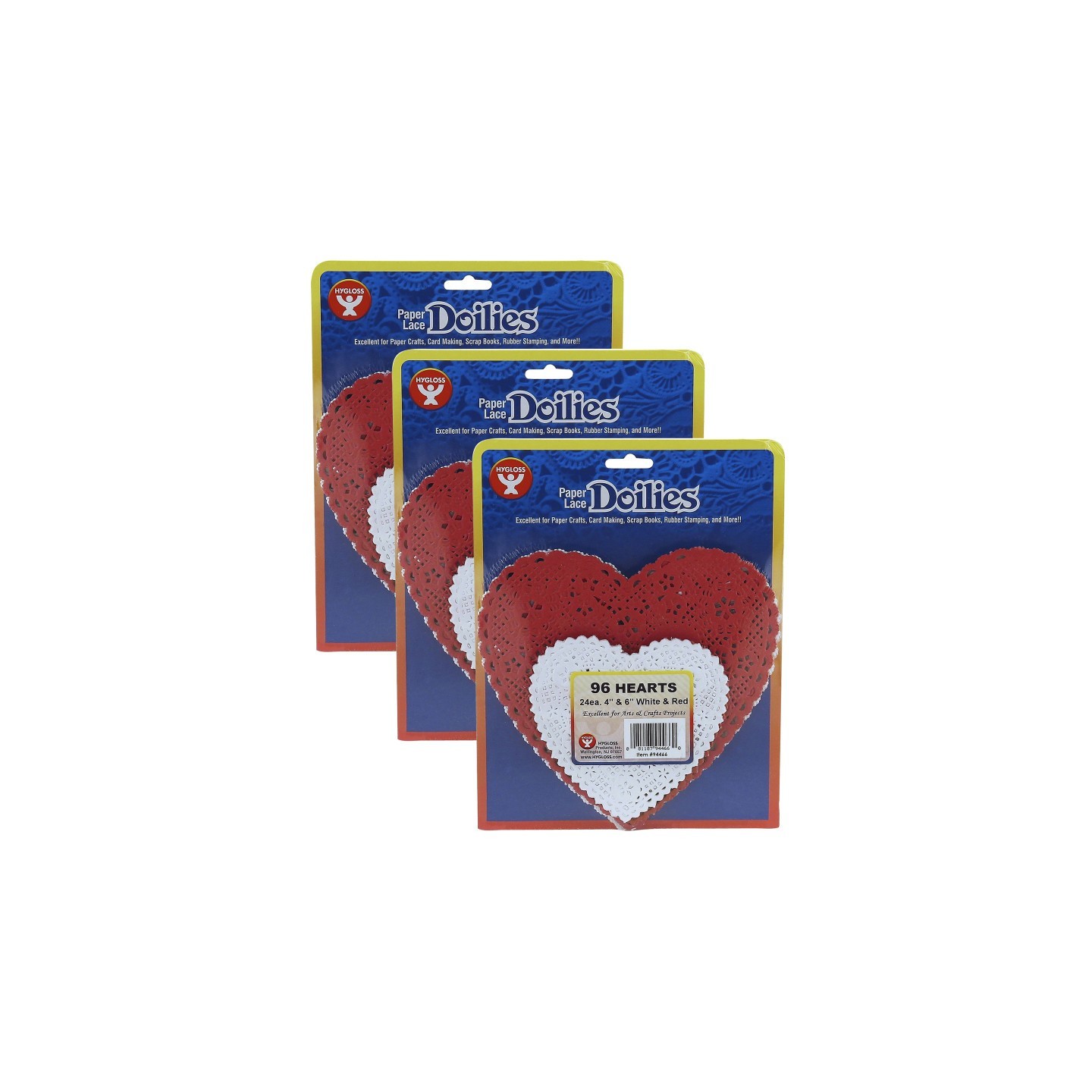 Hygloss® Doilies, White & Red Hearts, 4" & 6", 96 Per Pack, 3 Packs