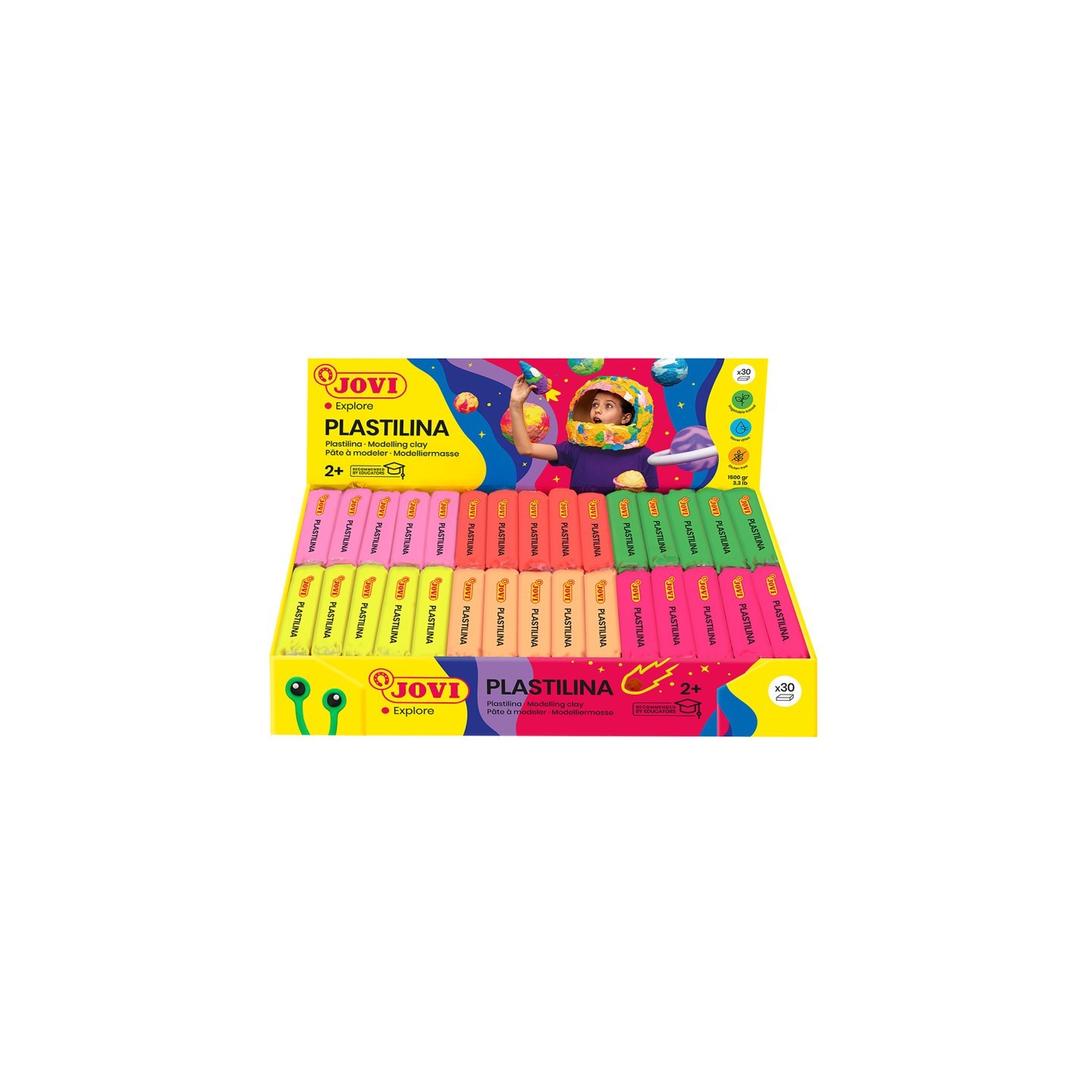 JOVI Plastilina Modeling Clay, Display Box of 30 Bars, Neon Colors