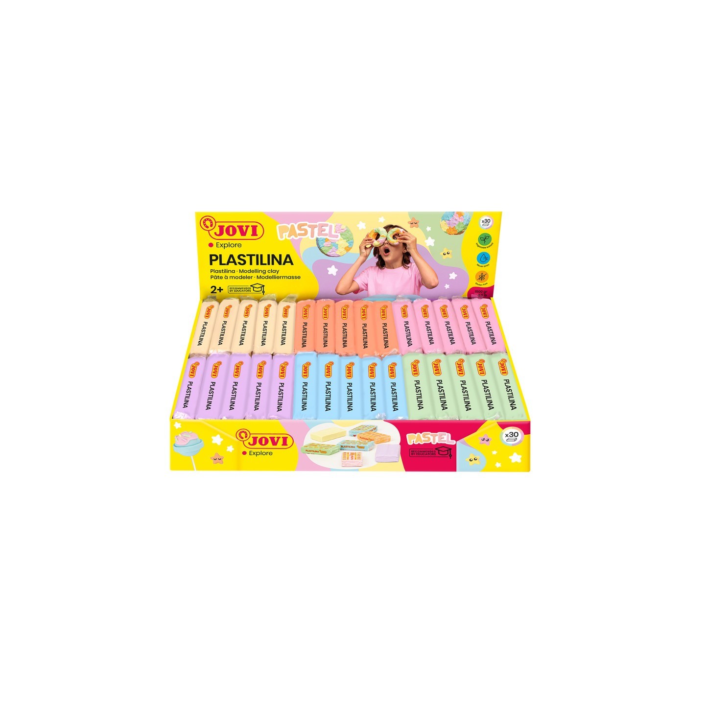 JOVI Plastilina Modeling Clay, Display Box of 30 Bars, Pastel Colors