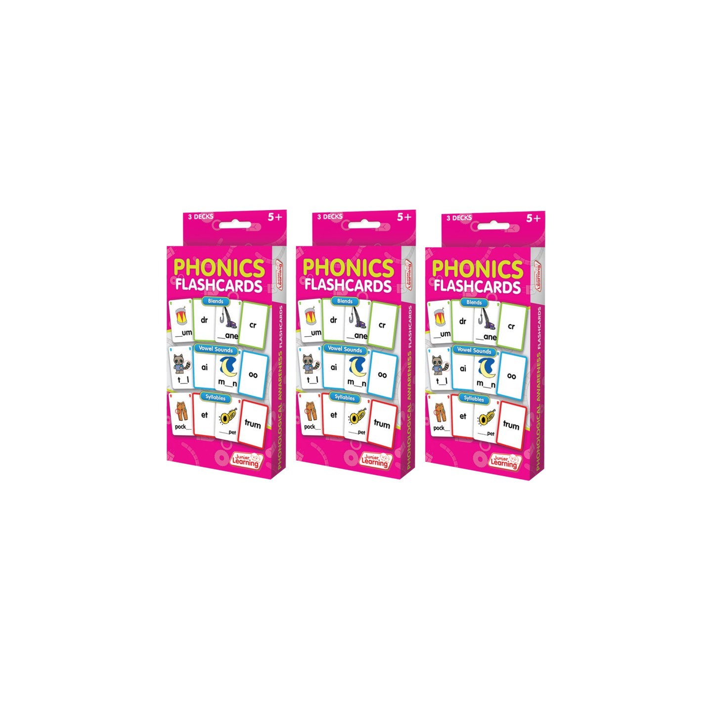 Junior Learning® Phonics Flashcards, 3 Sets Per Pack, 3 Packs