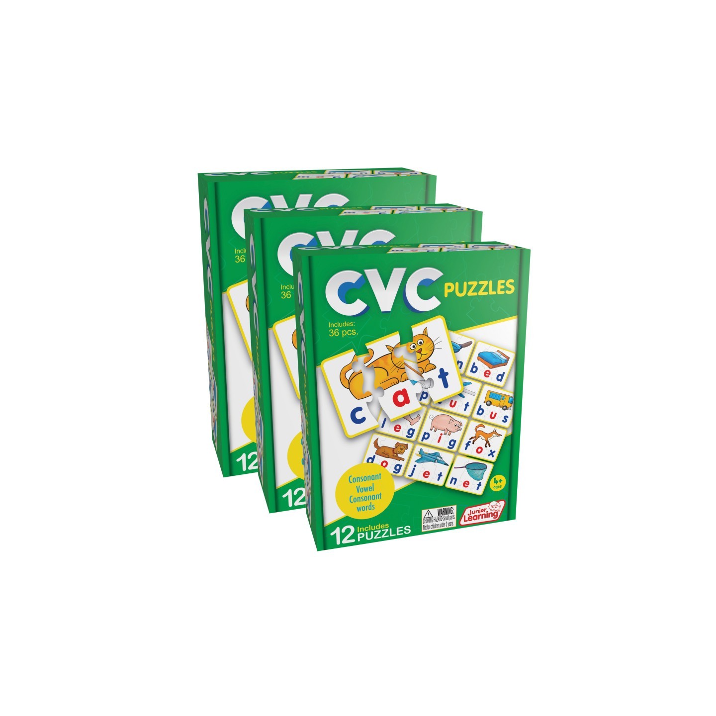 Junior Learning® CVC Puzzles, 12 Per Set, 3 Sets