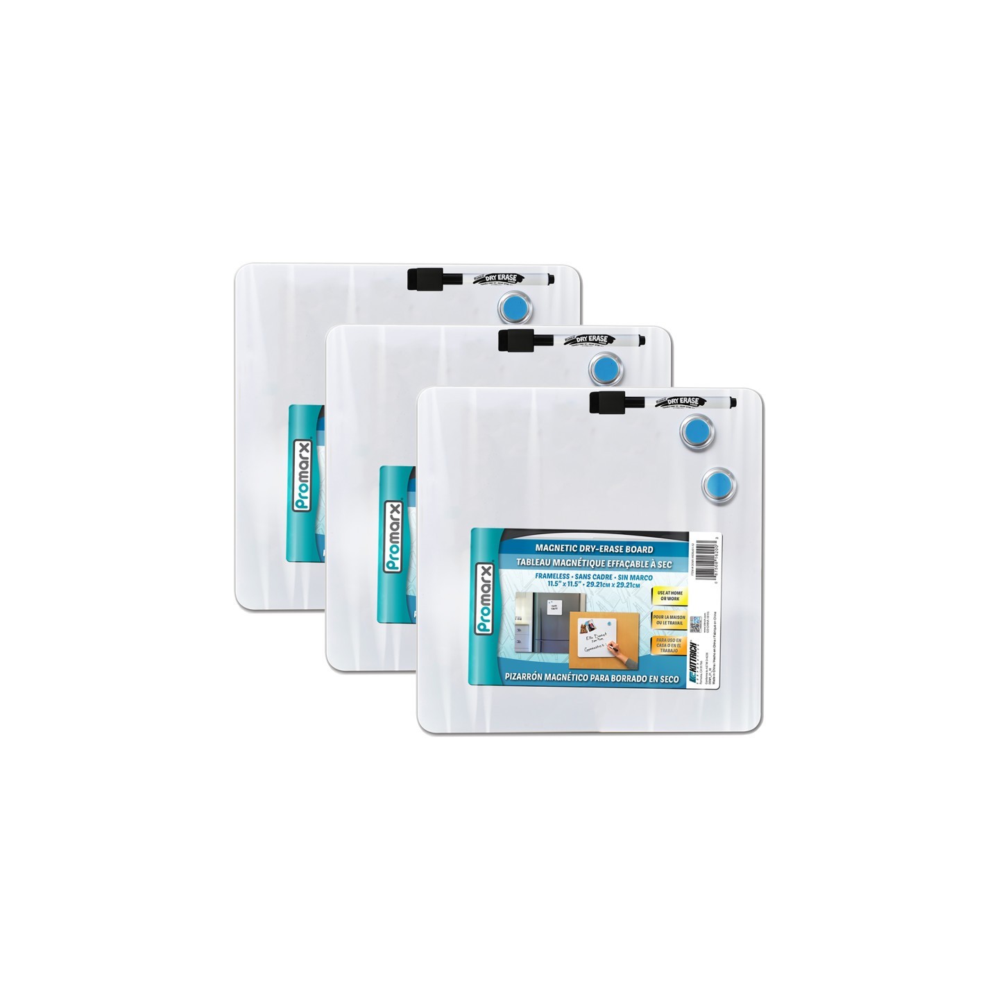 Promarx® Magnetic Dry-Erase Board with Dry-Erase Marker & Two Magnets, 11.5" x 11.5", 3 Sets