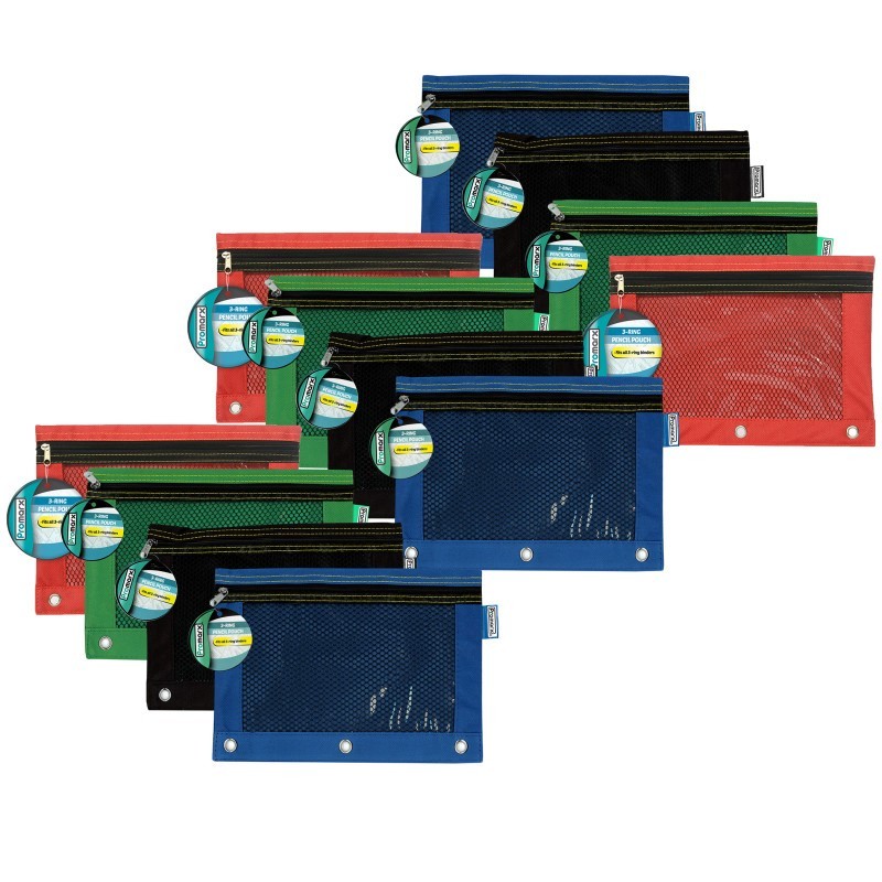 Promarx® 3 Ring Pencil Pouch With Mesh Window, 10" x 7.5", Assorted Colors, Pack of 12
