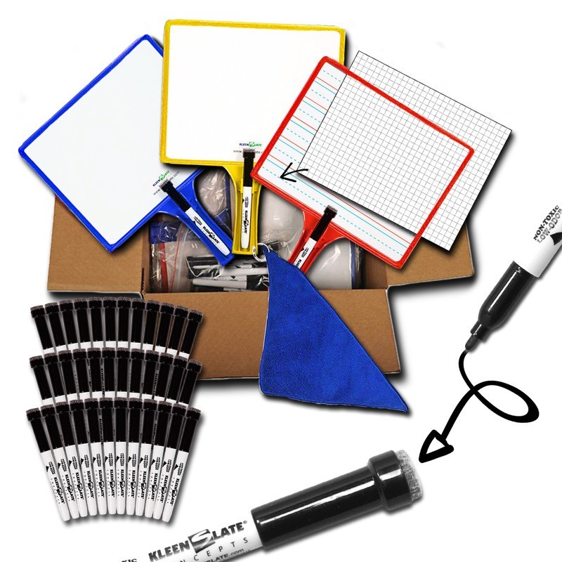 KleenSlate® Customizable Handheld Whiteboards with Clear Dry Erase Sleeves & Markers, Class Set of 36