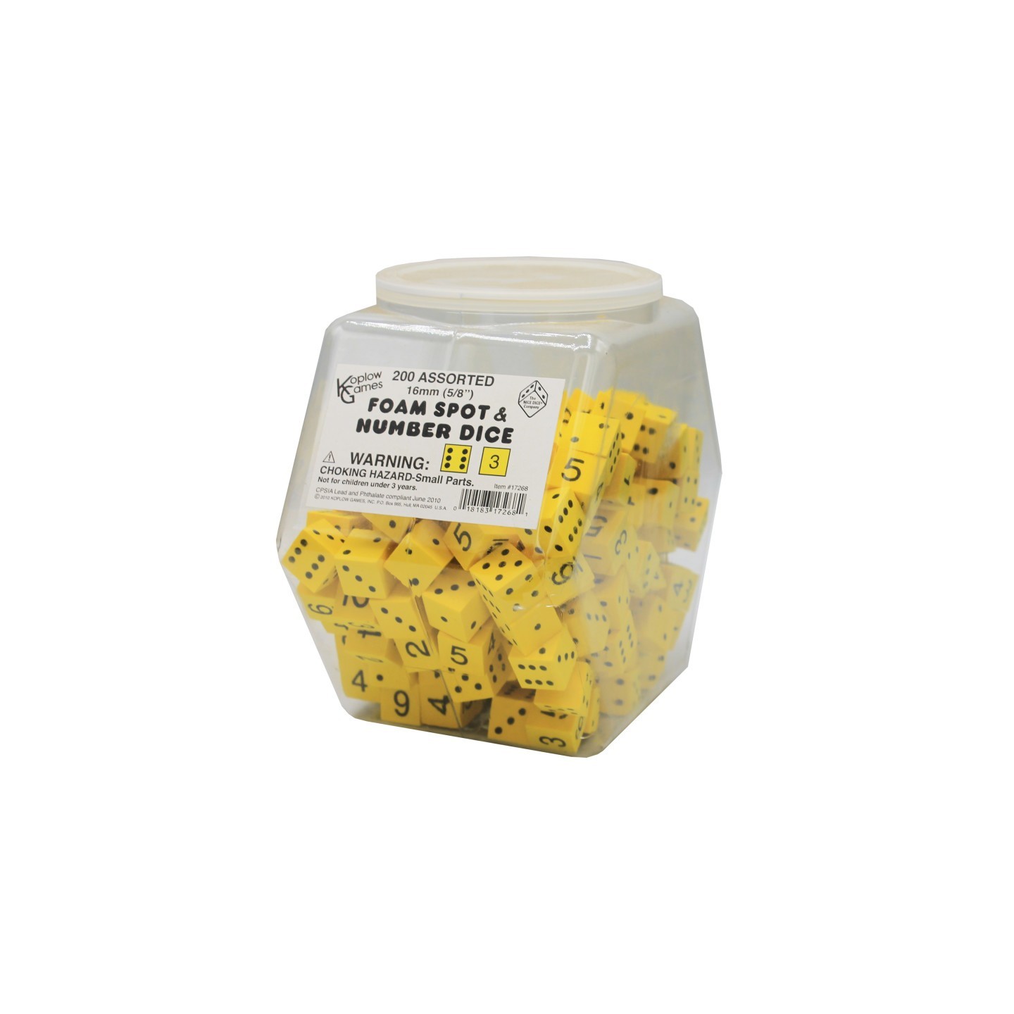 Koplow Games Foam Spot & Number Dice, Yellow, 16mm, Tub of 200