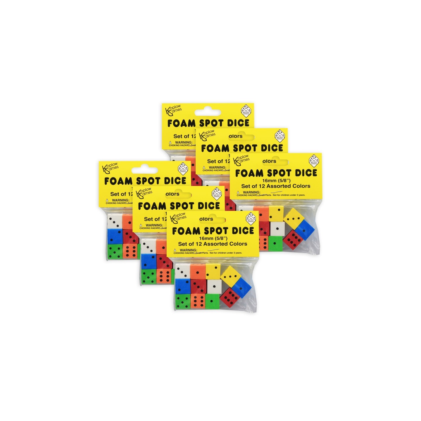 Koplow Games Assorted Color Spot 16mm Foam Dice, 12 Per Pack, 6 Packs
