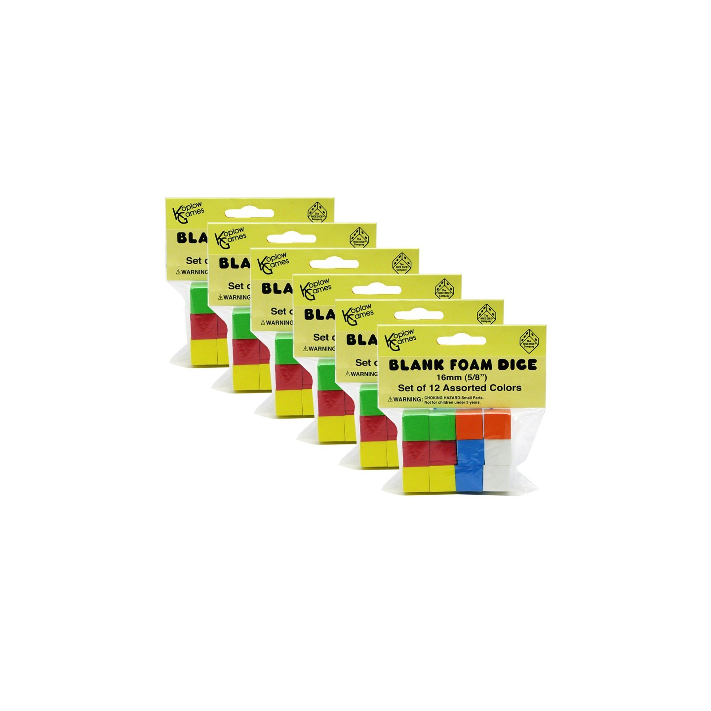 Koplow Games Assorted Color Blank 16mm Foam Dice, 12 Per Pack, 6 Packs