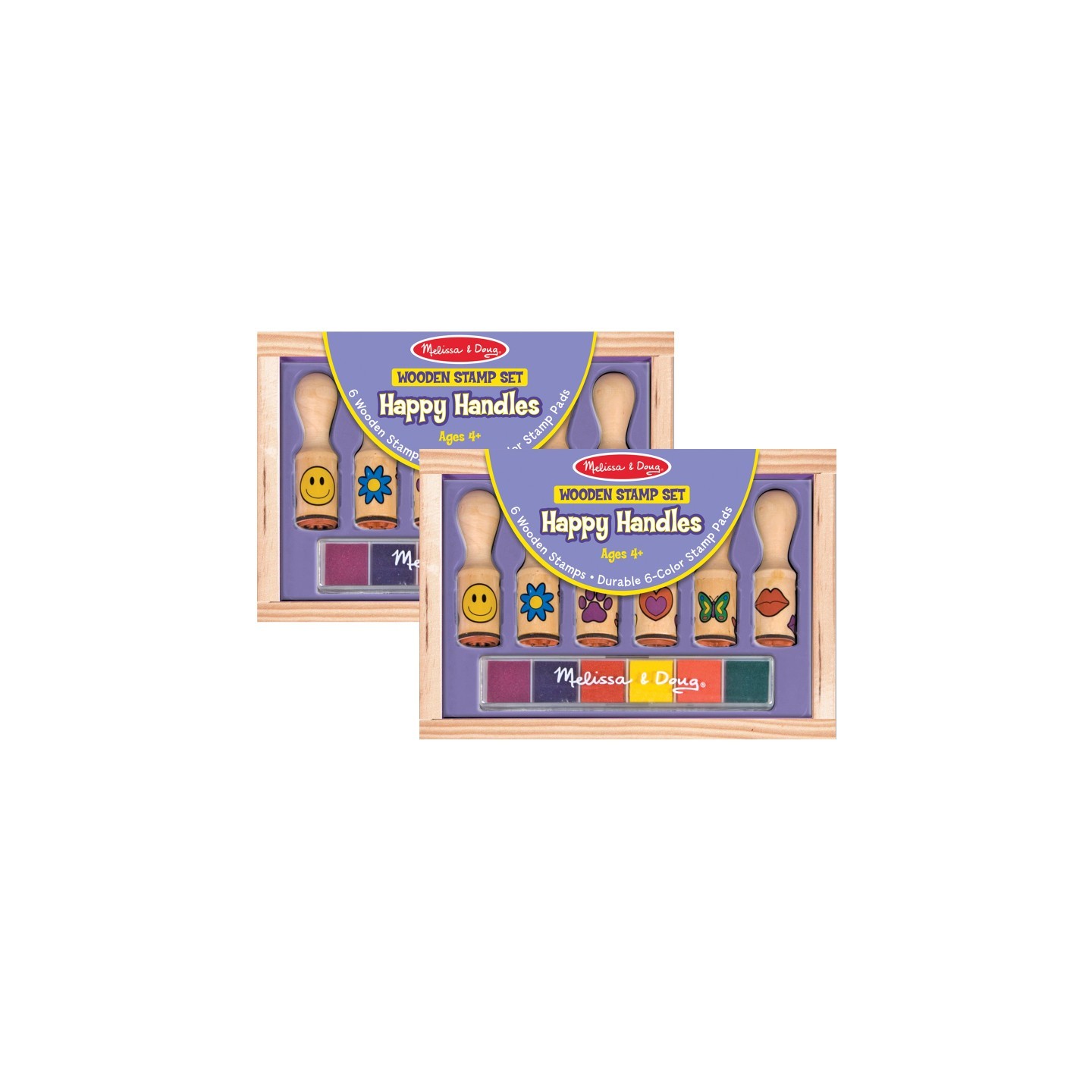 Melissa & Doug Happy Handle Wooden Stamp Set, 6 Stamps & Stamp Pad Per Set, 2 Sets
