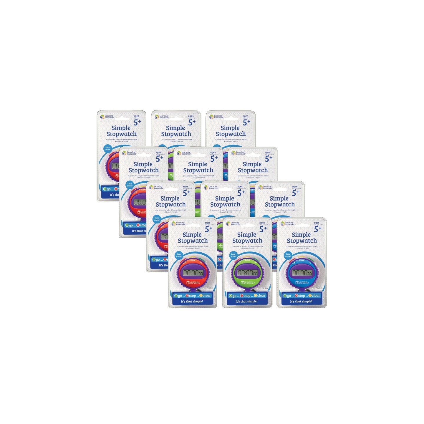 Learning Resources Simple Stopwatch, Red, Blue, Green, Pack of 12
