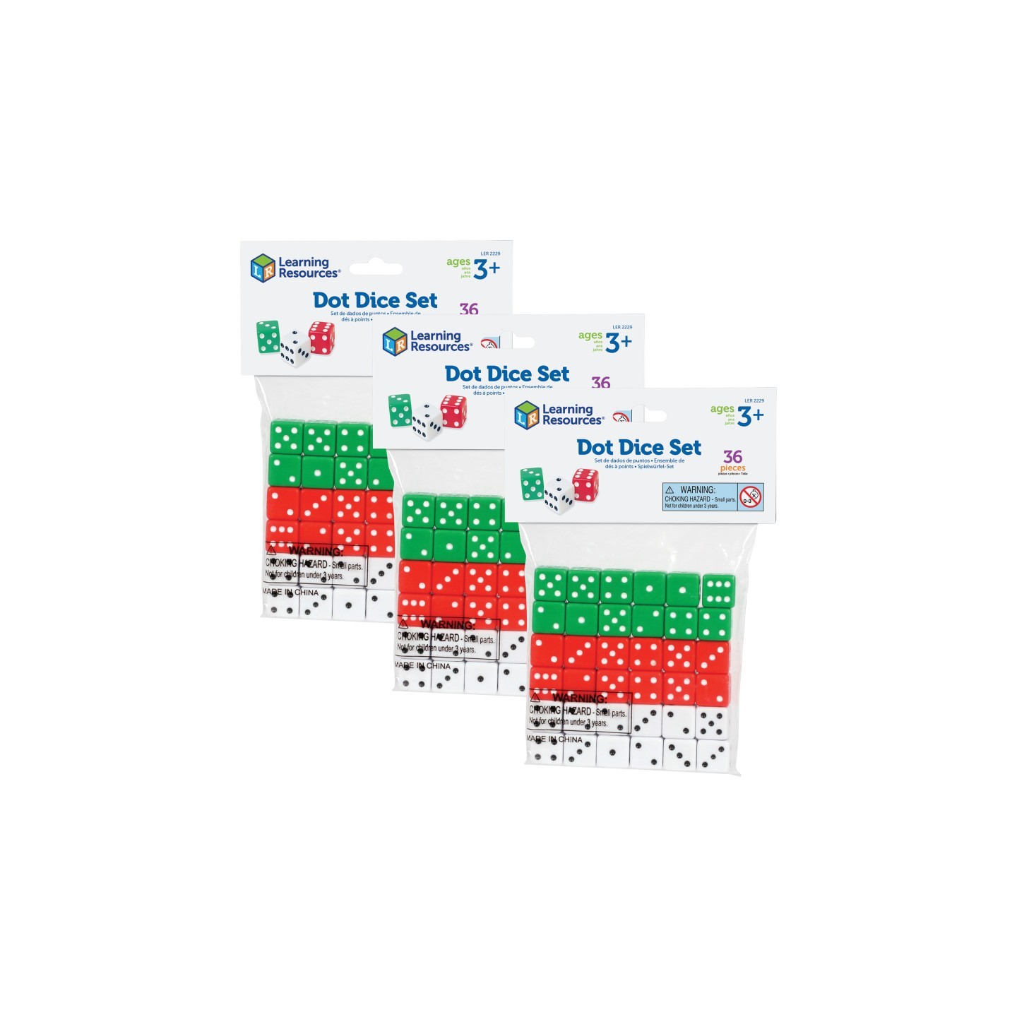 Learning Resources Dot Dice, Red, Green & White, 36 Per Pack, 3 Packs