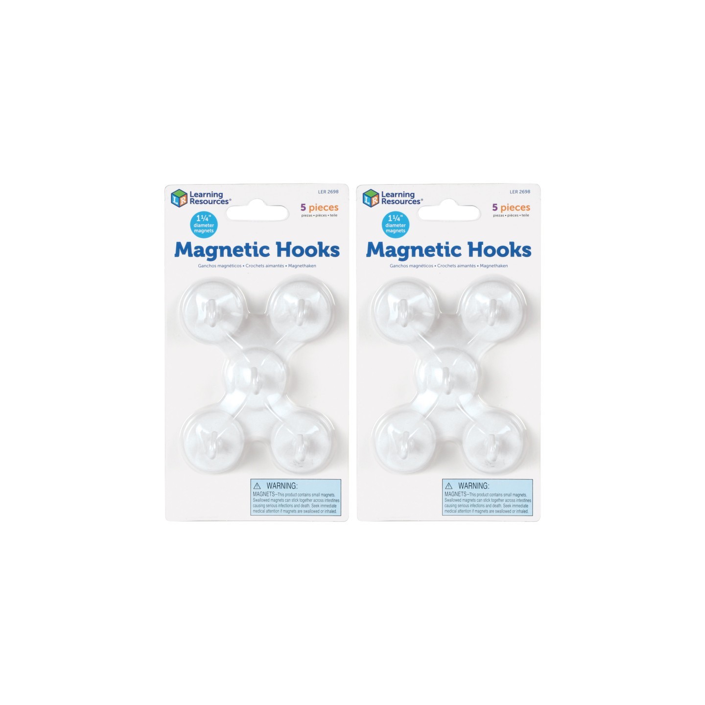Learning Resources Magnetic Hooks, 1.25" Diameter, White, 5 Per Pack, 2 Packs