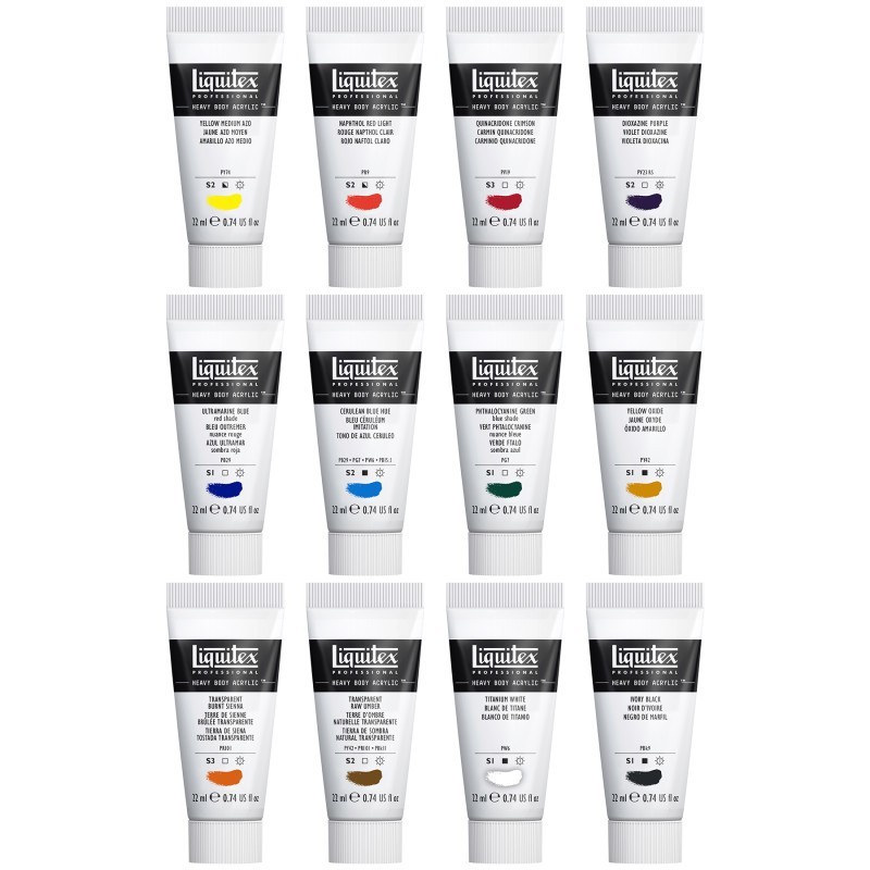Liquitex Professional Heavy Body Acrylic Paint, Essential Colors, 22 mL, Set of 12