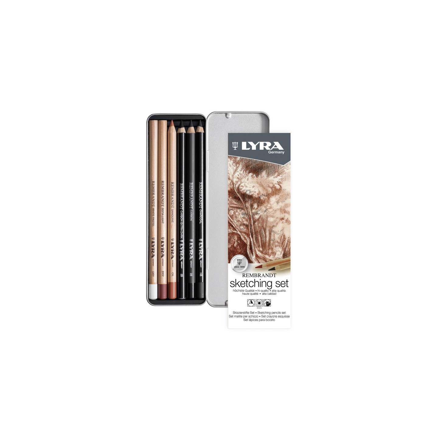 Lyra® Rembrandt Sketching Pencil Set, Metal Tin, Assorted Colors, 6 Pieces