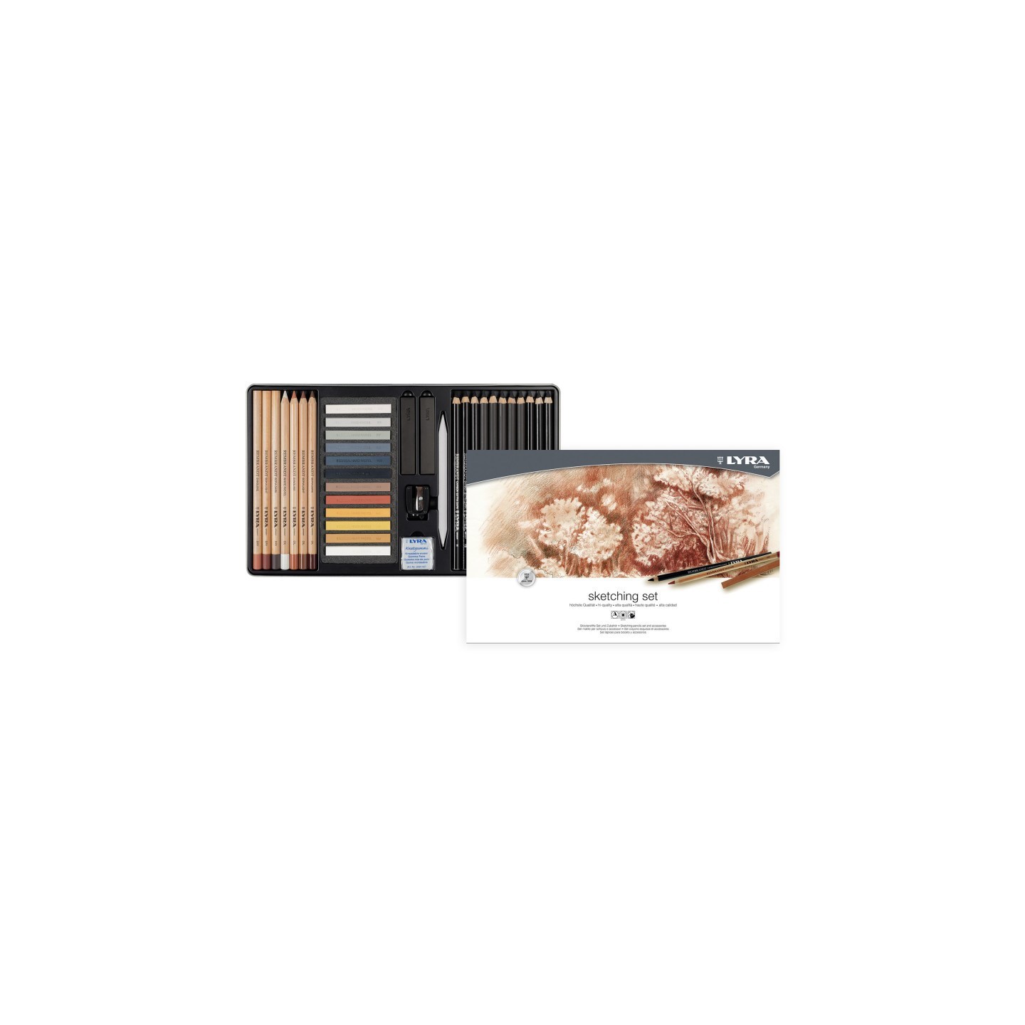 Lyra® Sketching Set Tin, Artist Pencils & Pastels, Assorted Colors, 35 Pieces