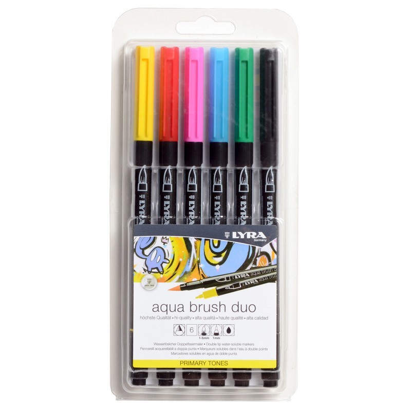 Lyra® Aqua Brush Duo Dual Tip Marker Set, Primary Assorted Colors, 6 Pieces