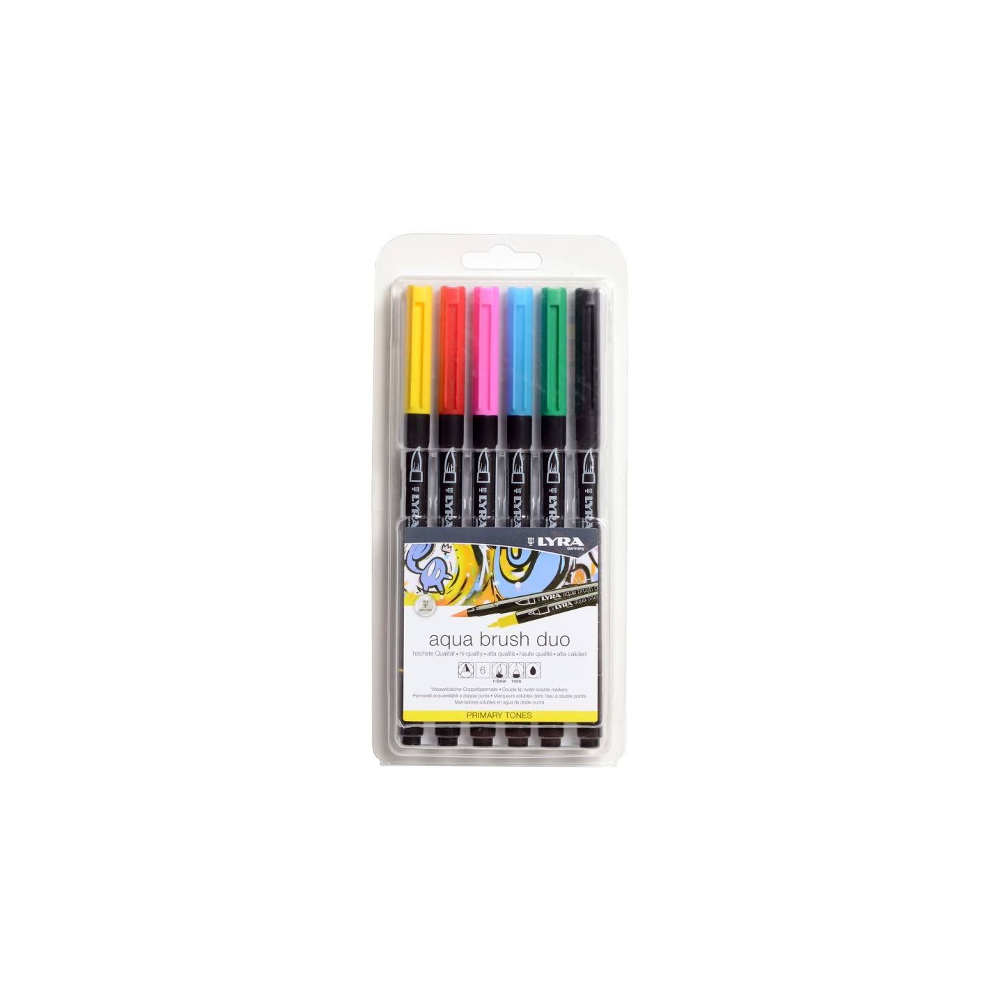 Lyra® Aqua Brush Duo Dual Tip Marker Set, Primary Assorted Colors, 6 Pieces