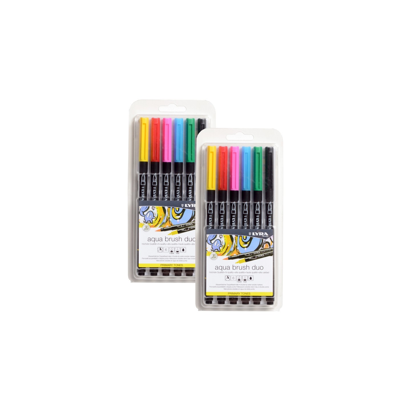 Lyra® Aqua Brush Duo Dual Tip Marker Set, Primary Assorted Colors, 6 Per Set, 2 Sets