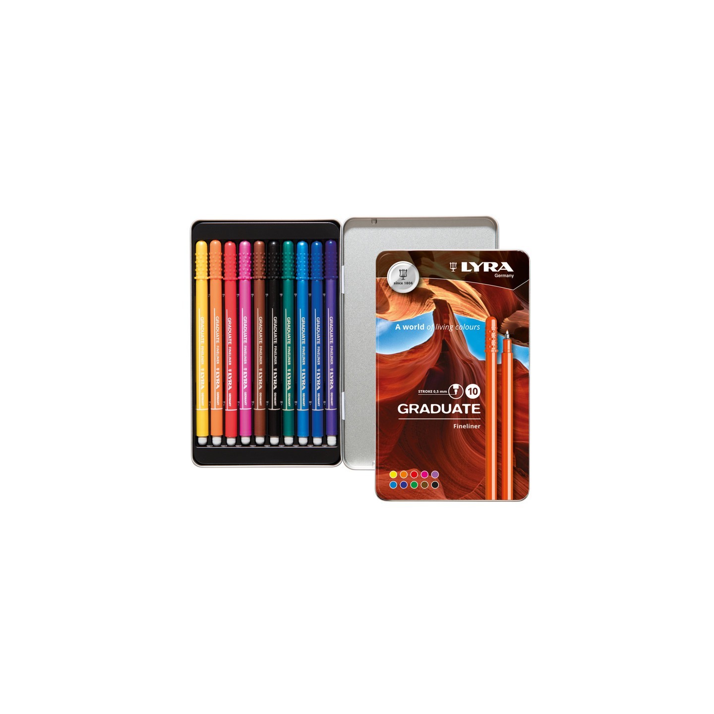 Lyra® Graduate Fineliner Marker Set Tin, Assorted Colors, 10 Pieces